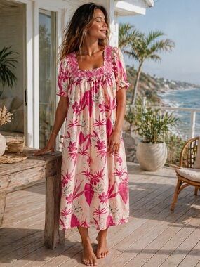 Vintage 1960’s Hawaiian Muumuu Dress Pink Floral House Dress Handmade Large